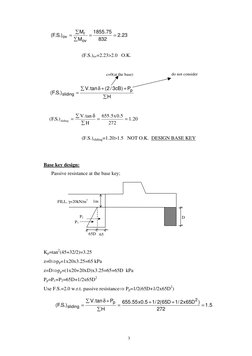 3
 
 
 
 
(F.S.)ov=2.23>2.0   O.K. 
 
 
 
 
 
 
       
 
(F.S.)sliding=1.20>1.5   NOT O.K.  DESIGN BASE KEY 
 
 
Base key
