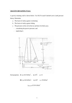 5
 
GRAVITY RETAINING WALL 
 
A gravity retaining wall is shown below. Use δ=2/3 φ and Coulomb active earth pressure 
theor