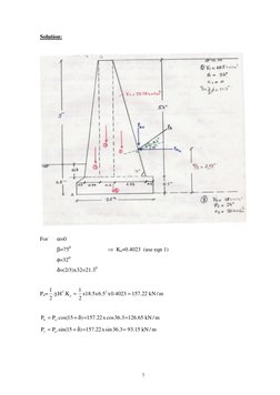 7
Solution: 
 
 
For  
α=0 
 
β=750  
 
⇒  Ka=0.4023  (use eqn 1) 
 
φ=320 
δ=(2/3)x32=21.30 
 
Pa=
m
/
kN
22
.
157
4023
.0