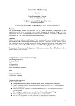 Memorandum of Understanding
between
Vertix International, Peshawar 
being the lead partner, and
Dr. Qamar-uz-Zaman & his oper