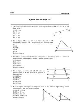 LMDE 
Geometría  
 
 
Ejercicios Semejanza  
 
 
 
 
1. ¿A que distancia del extremo A se debe situar el punto P tal que PA
