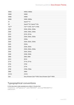 Developers guidelines |Sony Ericsson Themes
7
June 2010
Typographical conventions
In this document code examples are written