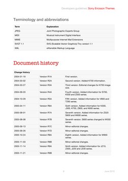 Developers guidelines |Sony Ericsson Themes
8
June 2010
Terminology and abbreviations
Document history
Term
Explanation
JPEG