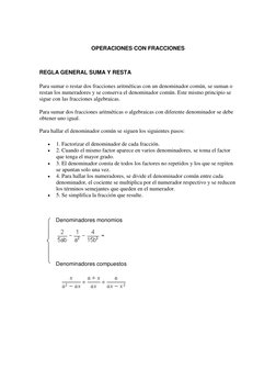 OPERACIONES CON FRACCIONES 
 
REGLA GENERAL SUMA Y RESTA 
Para sumar o restar dos fracciones aritméticas con un denominador