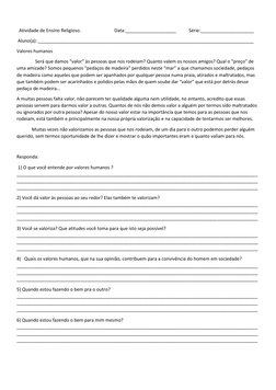 Atividade sobre Valores Humanos no Ensino Religioso | PDF | Amizade | Amor