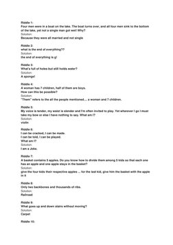 Riddle 1: 
Four men were in a boat on the lake. The boat turns over, and all four men sink to the bottom 
of the lake, yet no