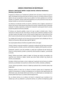 UNIDAD 5 RESISTENCIA DE MATERIALES 
Esfuerzo y deformación debido a cargas externas: esfuerzos mecánicos y 
térmicos y ley de