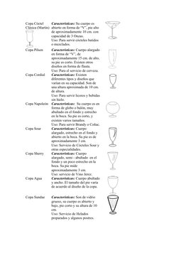 Copa Cóctel 
Clásica (Martín)
Características: Su cuerpo es 
abierto en forma de “V”, pie alto 
de aproximadamente 10 cm. con