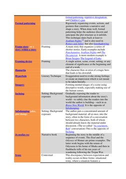 formal patterning, repetitive designation, 
and Chekhov's gun. 
Formal patterning  (http://en.wikipedia.org/wiki/Formal_patte