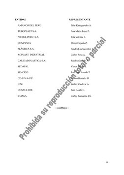 iii 
 
 
 ENTIDAD 
REPRESENTANTE 
 
AMANCO DEL PERÙ 
Pilar Kanagusuku A. 
 
TUBOPLAST S.A. 
Ana María Luyo P. 
 
NICOLL PER