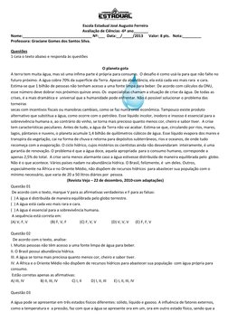 Escola Estadual José Augusto Ferreira 
Avaliação de Ciências -6º ano_______ 
Nome:_________________________________ Nº:___