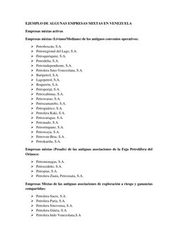 EJEMPLO DE ALGUNAS EMPRESAS MIXTAS EN VENEZUELA 
Empresas mixtas activas 
Empresas mixtas (Liviano/Mediano) de los antiguos c