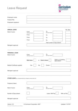 Leave Request
Version: 0.0	
© Curriculum Corporation, 2007	
Updated: 11/07/07 
Document Pathway/Document Name
Employee’s name