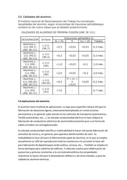 3.5. Calidades del aluminio. 
El Instituto nacional de Racionalización del Trabajo ha normalizado 
lascalidades del aluminio,