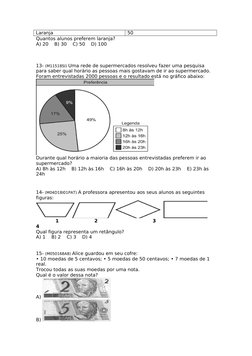 Laranja 
50
Quantos alunos preferem laranja?
A) 20    B) 30    C) 50    D) 100
13- (M11518SI) Uma rede de supermercados resol