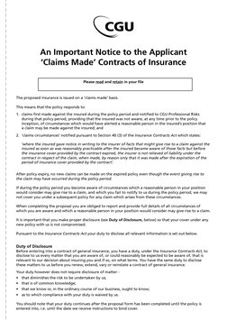 An Important Notice to the Applicant 
‘Claims Made’ Contracts of Insurance
Please read and retain in your file
The proposed i
