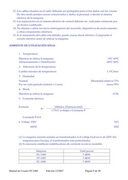 Manual de Usuario FC1000 
Edición:12/2007  
Página 9 de 49 
12. Los cables situados en el suelo deberían ser protegidos para 