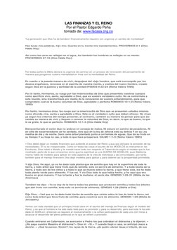 LAS FINANZAS Y EL REINO 
Por el Pastor Edgardo Peña 
tomado de: www.lacasa.org.co  
"La generación que Dios ha de bendecir fi