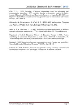 Conducive Classroom Environment 2009 
 
Parvani Sivalingam, University of Otago 
Page 4 
 
Chai, C. S. ( 2005, December). Cla