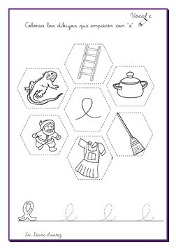 Vocal e 
Lic. Diana Suarez 
Colorea los dibujos que empiecen con “e”  
 
*   Pinta todos los objetos que empiezan con “e”. De