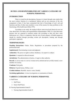 DUTIES AND RESPONSIBILITIES OF VARIOUS CATEGORY OF 
NURSING PERSONNEL
INTRODUCTION
               There is a need for job des