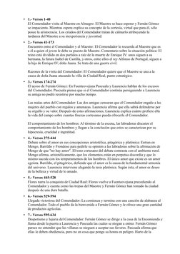 •
1.- Versos 1-40
El Comendador visita al Maestre en Almagro: El Maestre se hace esperar y Fernán Gómez 
se impacienta. Mient
