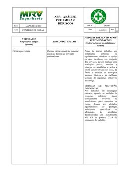 APR – ANÁLISE 
PRELIMINAR
 DE RISCOS
Setor
MANUTENÇÃO
 Doc. N.º
OS 001
Área
CANTEIRO DE OBRAS
 Data
06/08/2013
Rev
00
ATIVIDA