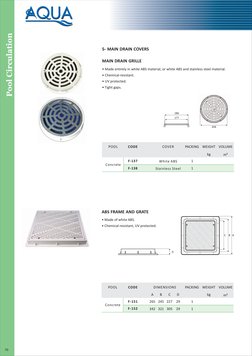 C
B A
D
ABS FRAME AND GRATE
• Made of white ABS.
• Chemical-resistant, UV protected.
POOL
CODE
Concrete
F-151
F-152
DIMENSION