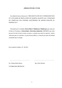 ii 
 
APROBACIÓN DEL TUTOR 
 
     En calidad de tutores del proyecto “IMPLEMENTACIÓN DE UN PROBADOR PARA 
UN ACTUADOR DE REG