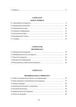 viii 
 
1.4 Objetivos…………………………………………………………………………... 
8 
 
 
CAPÍTULO II 
 
MARCO TEÓRICO 
 
2.1 Antecedentes Investigativos…