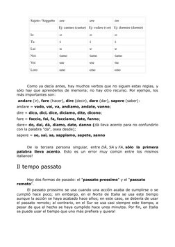 Sujeto / Soggetto 
-are
-ere
-ire
 
Ej: cantare (cantar)
Ej: vedere (ver)
Ej: dormire (dormir)
Io
-o
-o
-o
Tu
-i
-i
-i
Lui
-a