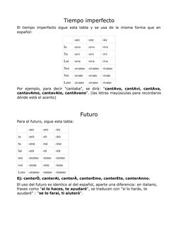 Tiempo imperfecto
El tiempo imperfecto sigue esta tabla y se usa de la misma forma que en 
español:
-are
-ere
-ire
Io
-avo
-e