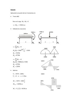 Solución 
 
Aplicando la ecuaciòn de los 3 momentos en: 
 
 
Tramo ABC: 
 
 
Pero en la viga:  MA = MC = 0 
 
9180 .
B
M
k m