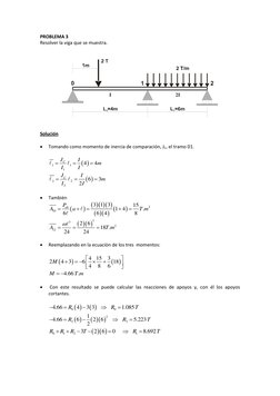 PROBLEMA 3 
Resolver la viga que se muestra. 
 
 
 
 
 
Solución 
 
 
Tomando como momento de inercia de comparación, JC, el
