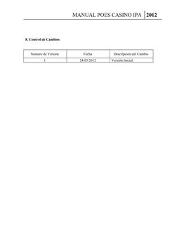 MANUAL POES CASINO IPA 2012
8. Control de Cambios 
Numero de Versión 
Fecha 
Descripción del Cambio 
1 
24/03/2012 
Versión I