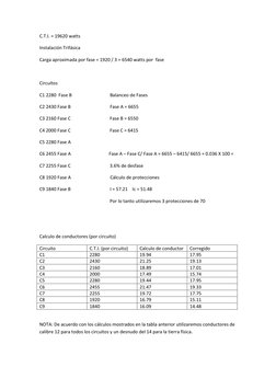 C.T.I. = 19620 watts  
Instalación Trifásica   
Carga aproximada por fase = 1920 / 3 = 6540 watts por  fase 
 
Circuitos 
C1