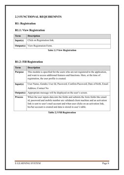E-LEARNING SYSTEM 
Page 8 
 
2.3 FUNCTIONAL REQUIREMNTS 
R1: Registration 
R1.1: View Registration 
Term 
Description 
Inpu
