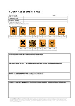 COSHH ASSESSMENT SHEET
Completed by: 
Date:
Job description
Location on site
Activity or process
Hazardous substance 
used
(U
