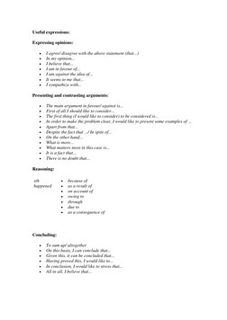 Useful expressions: 
 
Expressing opinions: 
 
I agree/ disagree with the above statement (that...) 
 
In my opinion... 
