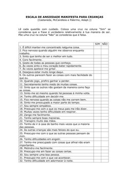 ESCALA DE ANSIEDADE MANIFESTA PARA CRIANÇAS 
(Castaneda, McCandless e Palermo, Adapt.)) 
 
 
Lê cada questão com cuidado. Col