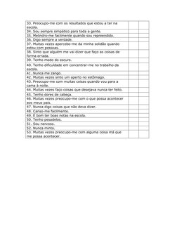 33. Preocupo-me com os resultados que estou a ter na 
escola. 
 
 
34. Sou sempre simpático para toda a gente. 
 
 
35. Melin