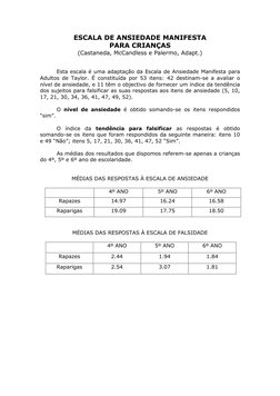 ESCALA DE ANSIEDADE MANIFESTA  
PARA CRIANÇAS 
(Castaneda, McCandless e Palermo, Adapt.) 
 
 
 
Esta escala é uma adaptação d