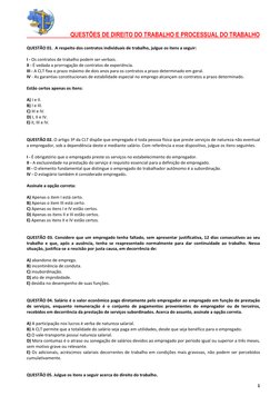 QUESTÕES DE DIREITO DO TRABALHO E PROCESSUAL DO TRABALHO 
 
 
1 
QUESTÃO 01.  A respeito dos contratos individuais d
