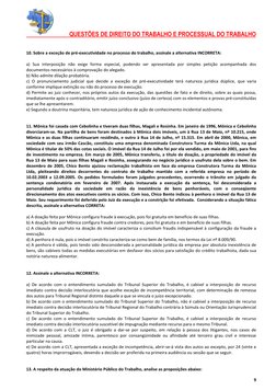 QUESTÕES DE DIREITO DO TRABALHO E PROCESSUAL DO TRABALHO 
 
 
9 
 
10. Sobre a exceção de pré-executividade no proce