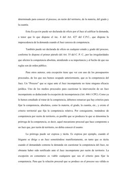 determinado para conocer el proceso, en razón del territorio, de la materia, del grado y 
la cuantía.
Esta Excepción puede se