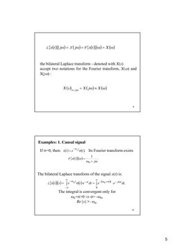 5
9
( )
{
}(
)
(
)
( )
{
}( )
( )
ω
=
ω
=
ω
=
ω
X
t
x
j
j
t
x
F
X
L
the bilateral Laplace transform - denoted with X(s)
accep