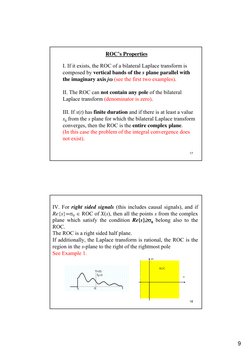 9
17
ROC’s Properties
I. If it exists, the ROC of a bilateral Laplace transform is 
composed by vertical bands of the s plane