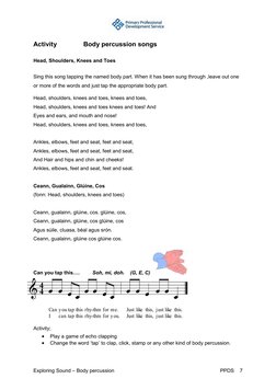 Exploring Sound – Body percussion 
 
PPDS    7 
Activity 
 
Body percussion songs 
Head, Shoulders, Knees and Toes 
Sing th