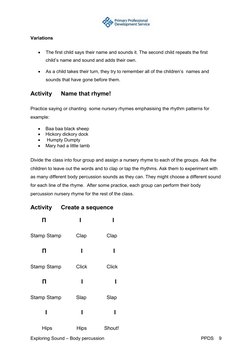 Exploring Sound – Body percussion 
 
PPDS    9 
Variations 
• 
The first child says their name and sounds it. The second ch