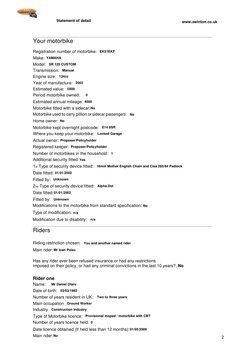2
Statement of detail
www.swinton.co.uk
Your motorbike
Registration number of motorbike:
Model:
Transmission:
Engine size:
Ye
